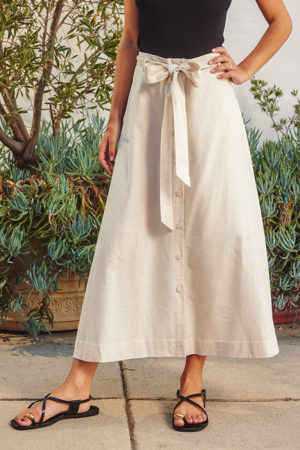 Oatmeal Linen Tie Waist Midi Skirt