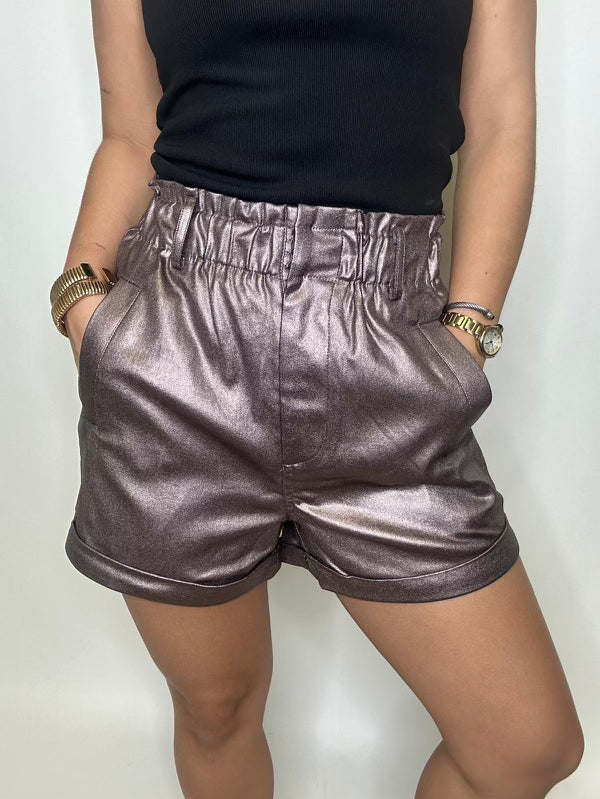 Bronze Faux Leather Elastic Waist Shorts