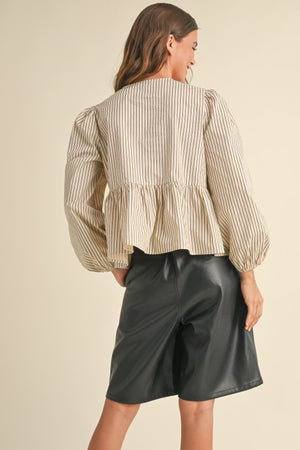 Beige Navy Striped Tie Front Blouse