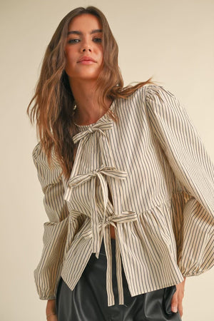 Beige Navy Striped Tie Front Blouse