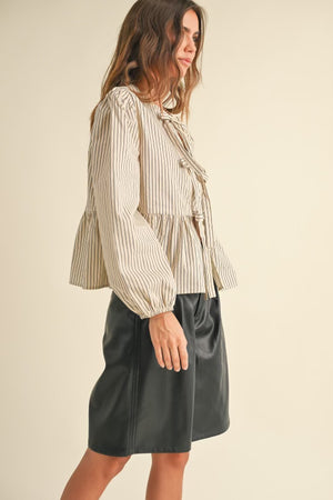 Beige Navy Striped Tie Front Blouse