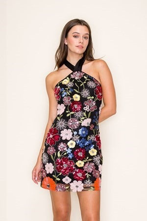 Multi Floral Embroidered Mini Dress