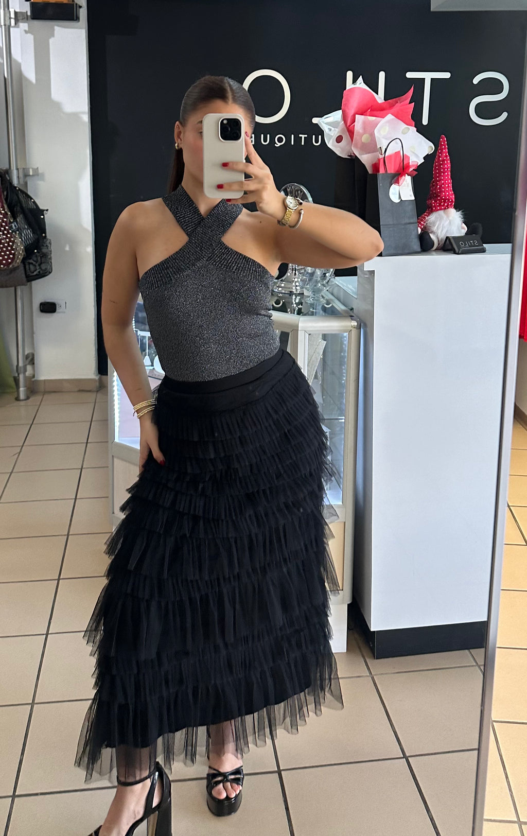 Black Organza Ruffle Long Skirt