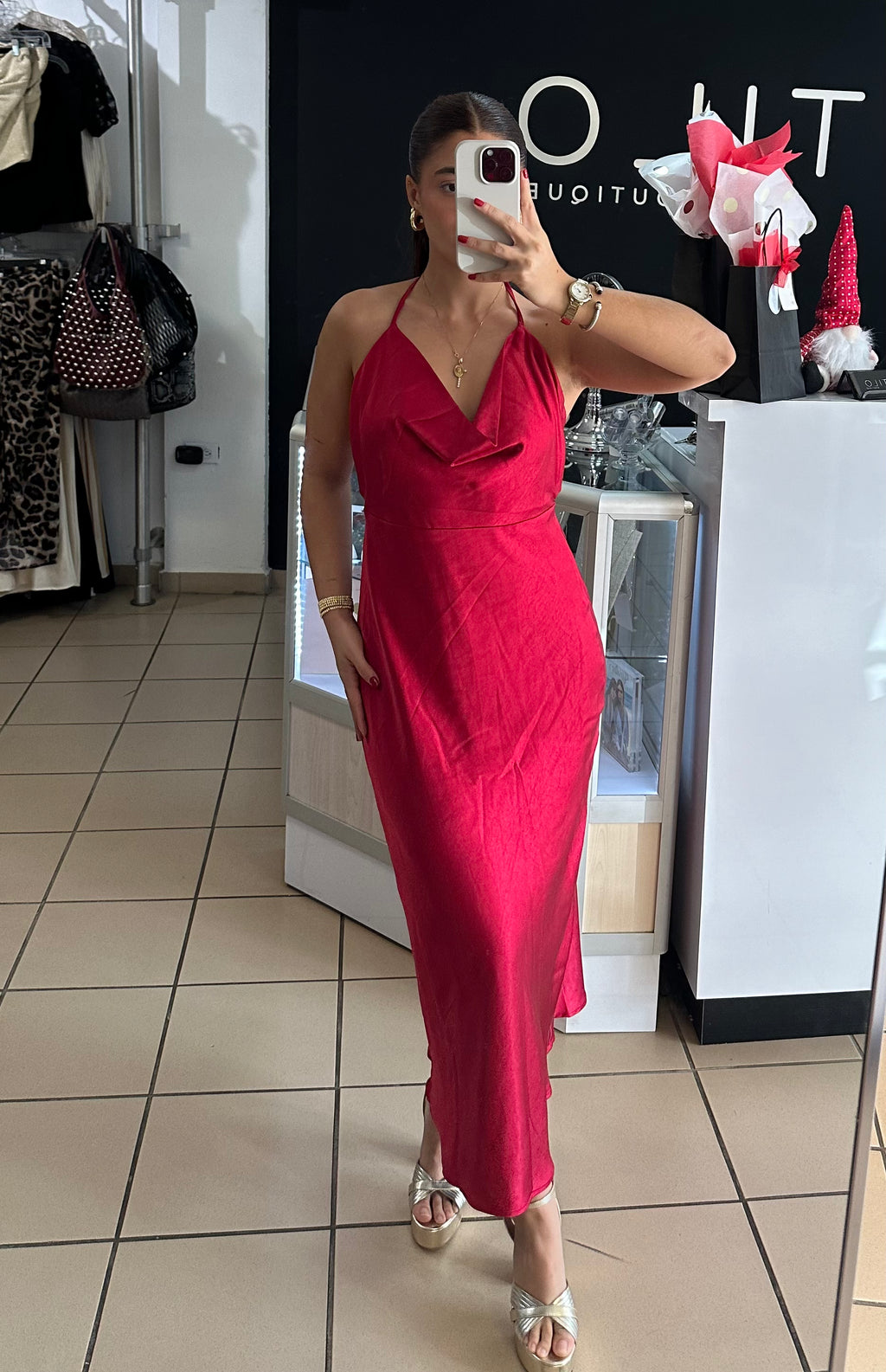 Red Halter Cowl Neck Open Back Midi Dress