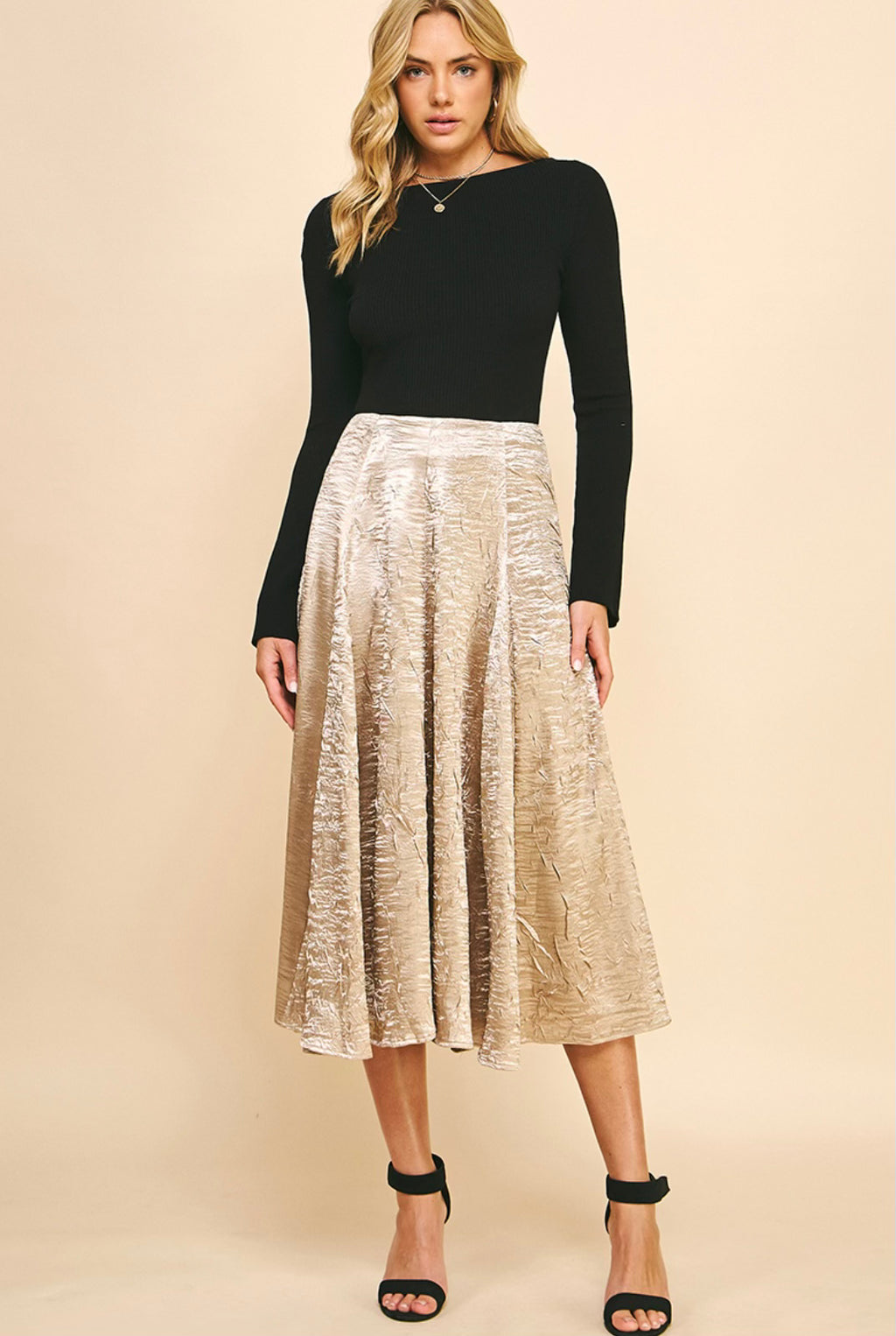 Gold Textured Satin Midi Skirt