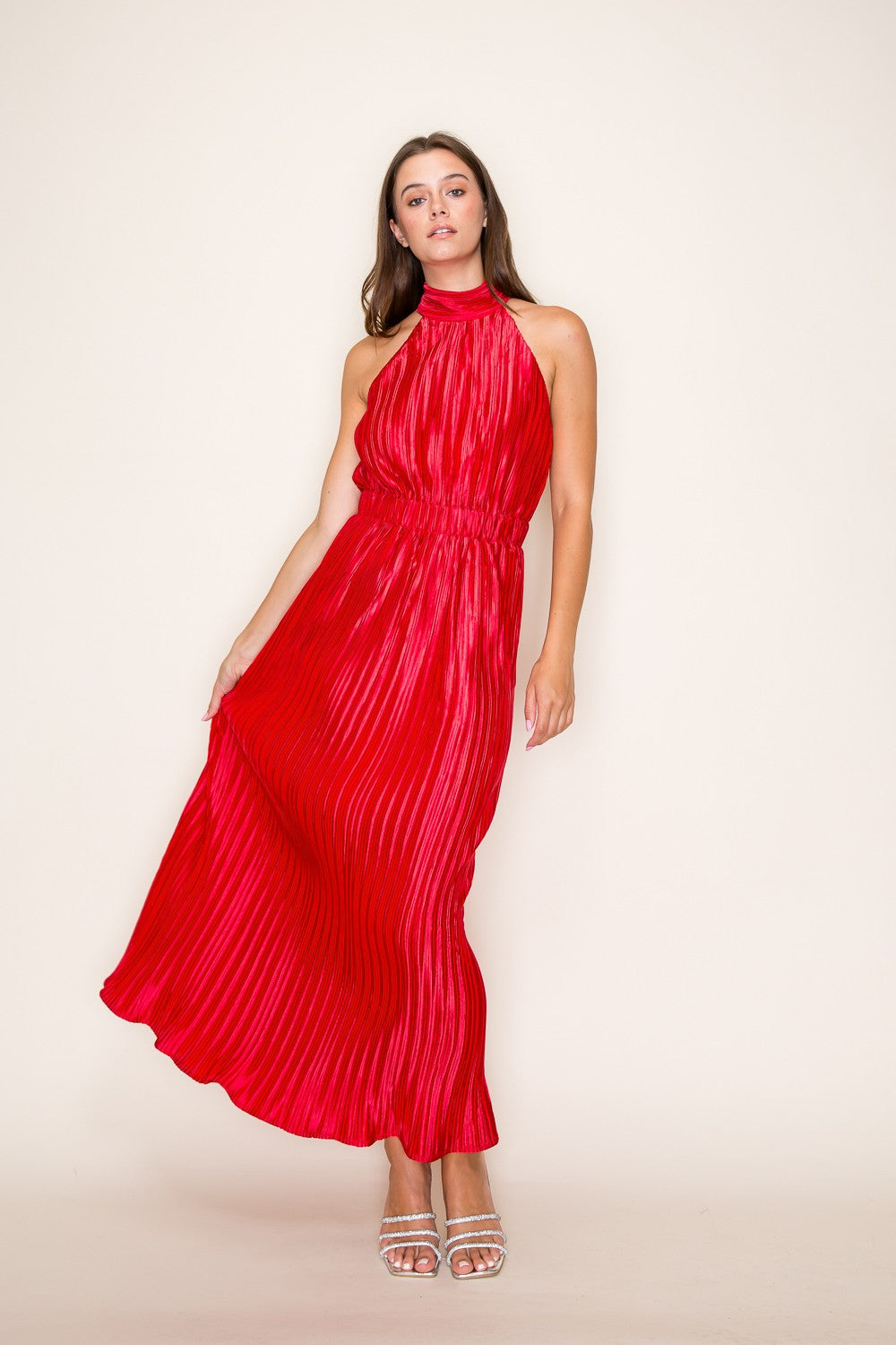 Red Halter Pleated Maxi Dress