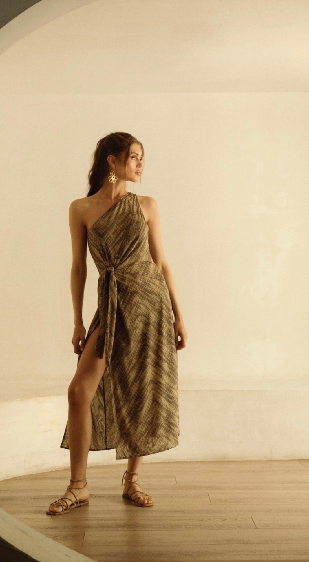 Natural Havana Print One Shoulder Maxi Dress