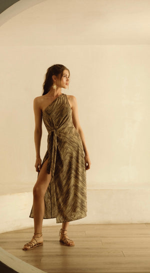 Natural Havana Print One Shoulder Maxi Dress