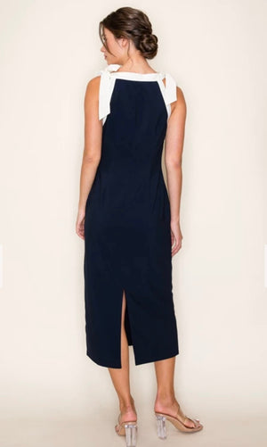 Navy Cream Ribbon Detail Midi Dress