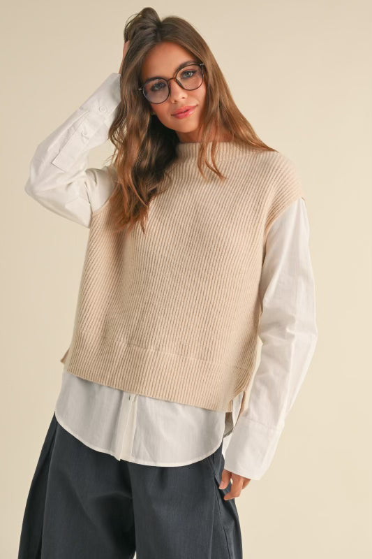 Beige Sweater and Shirt Combo