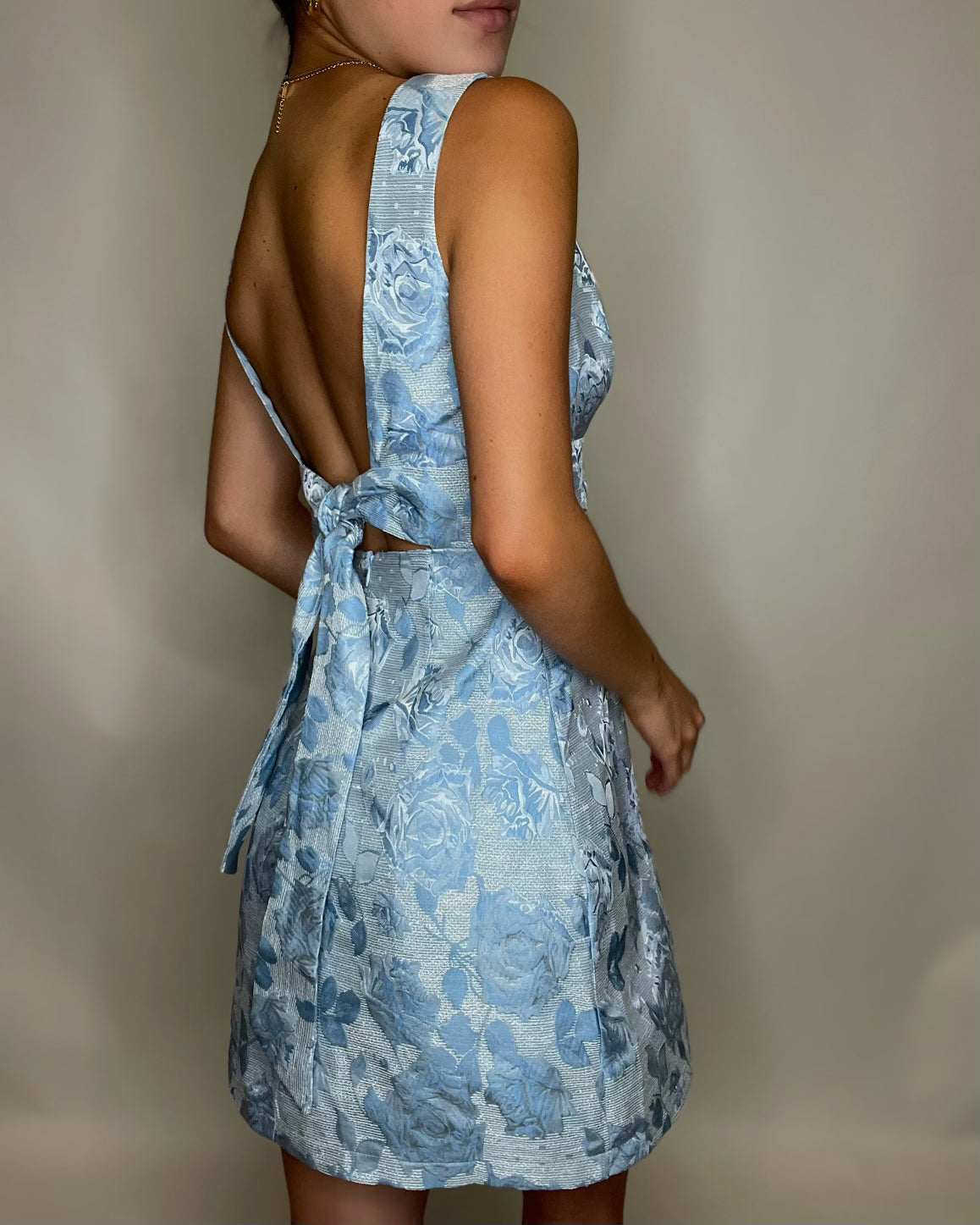 Blue Emboidered Flower Dress With Tie Back