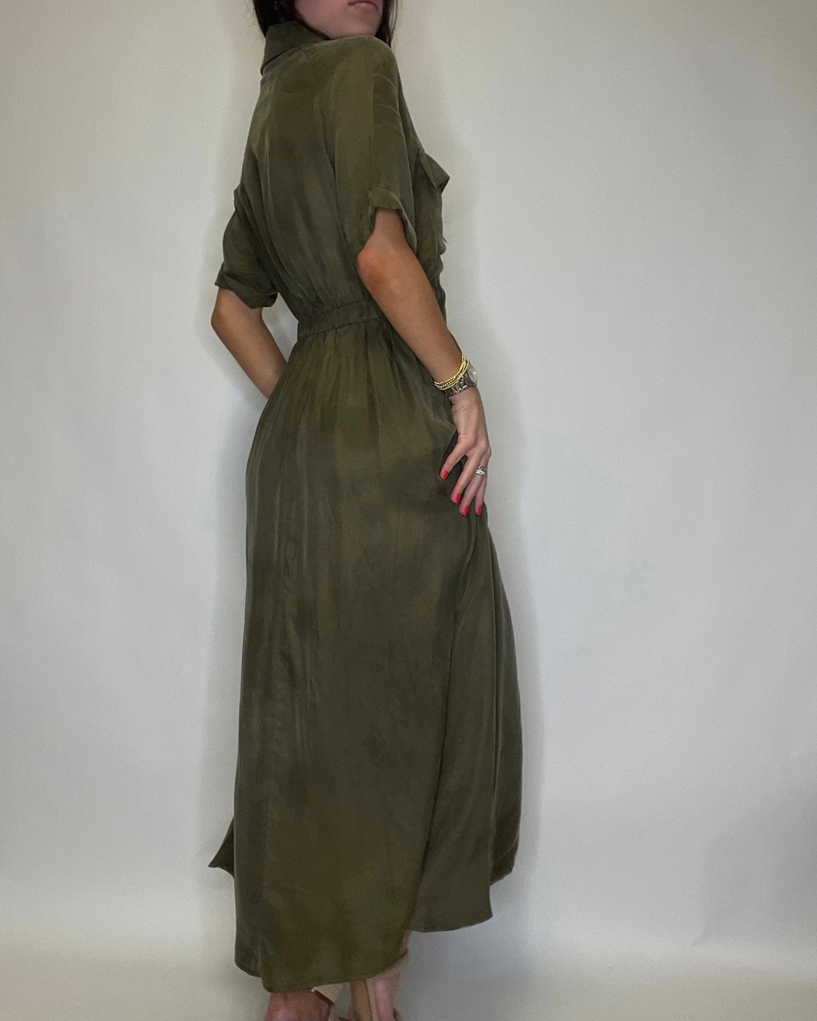 Olive Viscose Pocket Zipper Dress