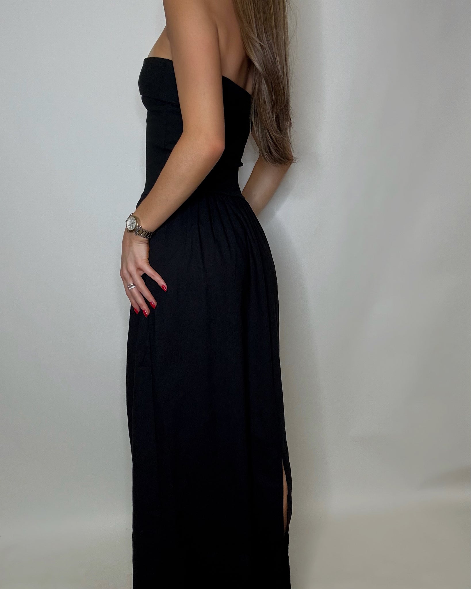 Black Linen & Ribbed Top Maxi