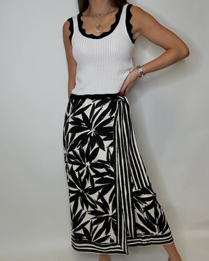 Floral B&W Print Wrap Skirt