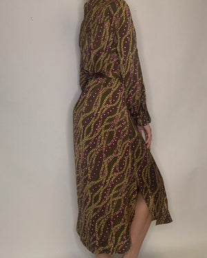 Olive-Wine Chain Detail Front Tie Maxi Dress