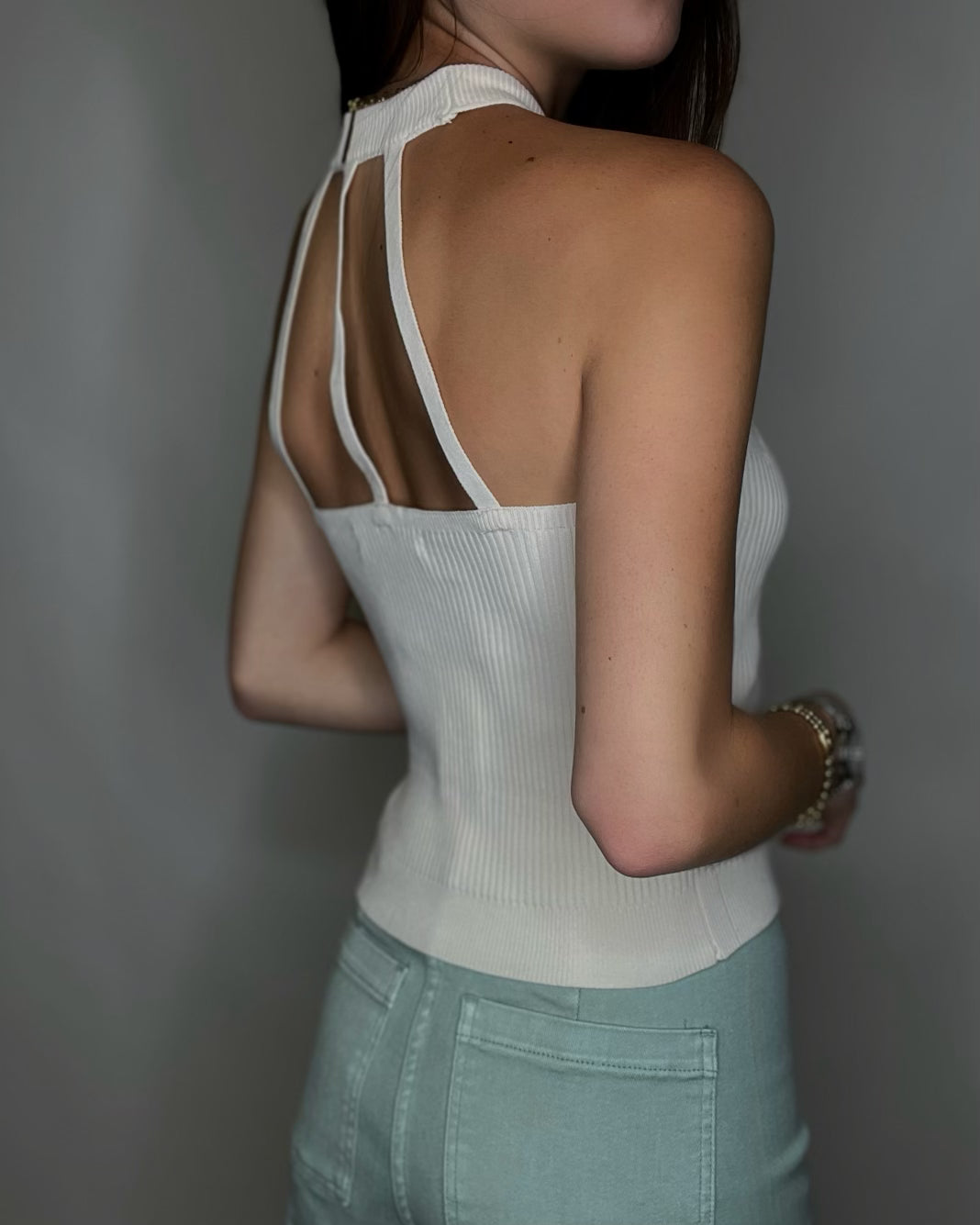 Oatmeal Ribbed Knit Halter Top