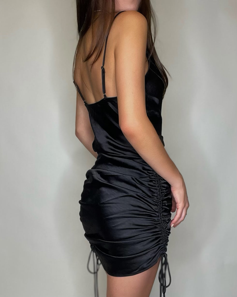 Black Sating Drawstring Mini Dress