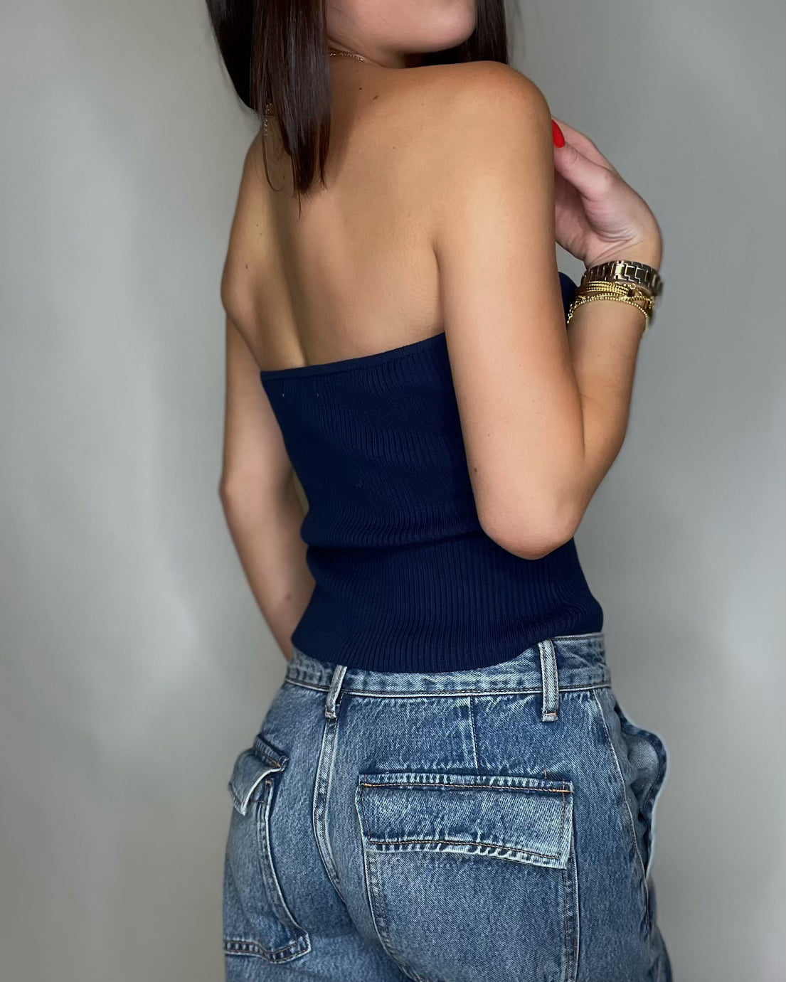 Navy Ribbed Strapless Top