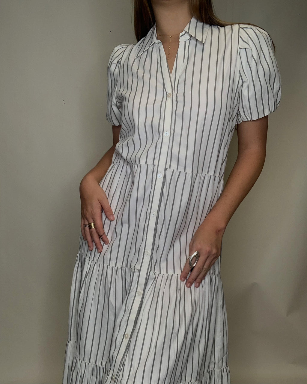 White Grey Stripe Botton Dress