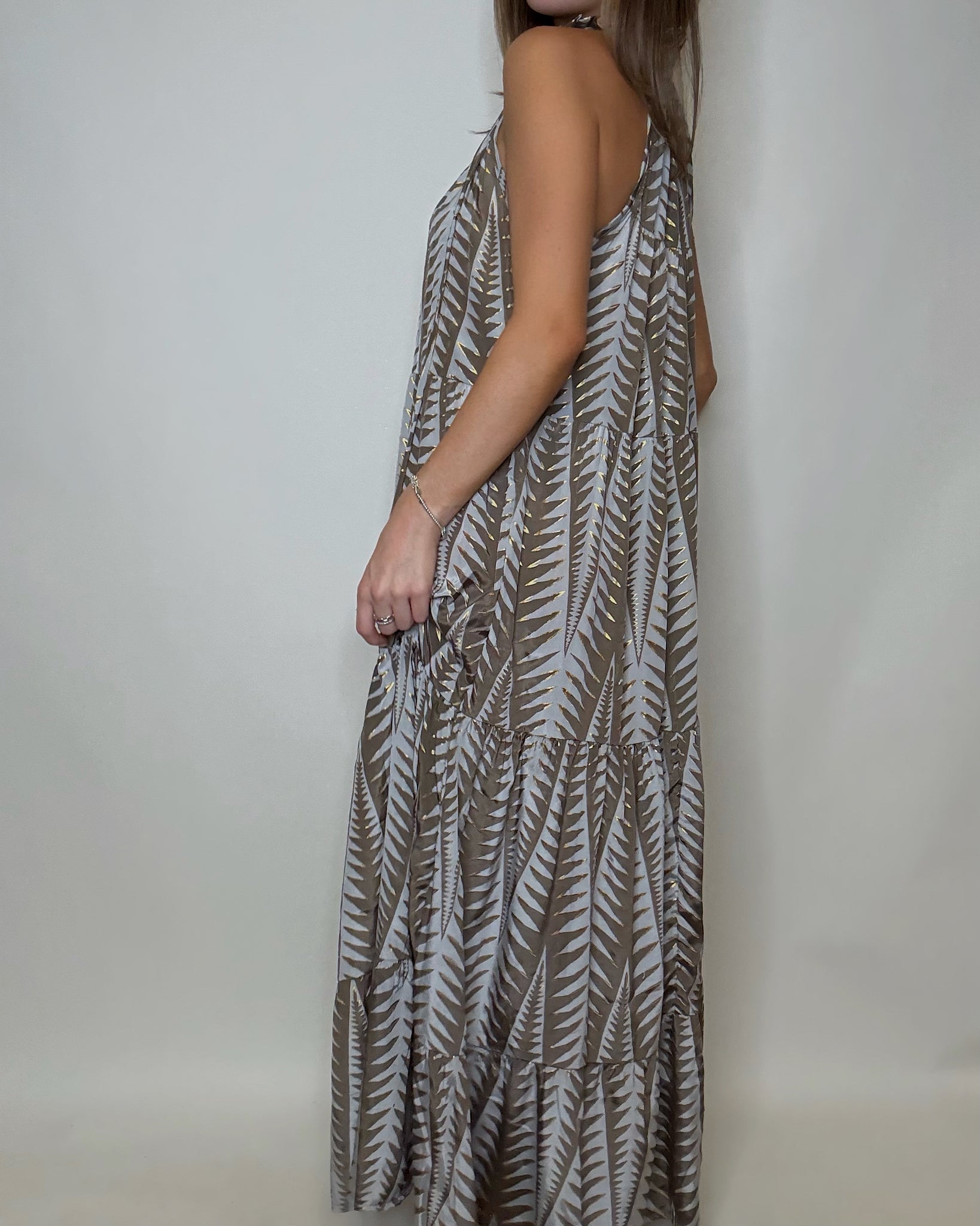 Grey Print Tiered Maxi Dress