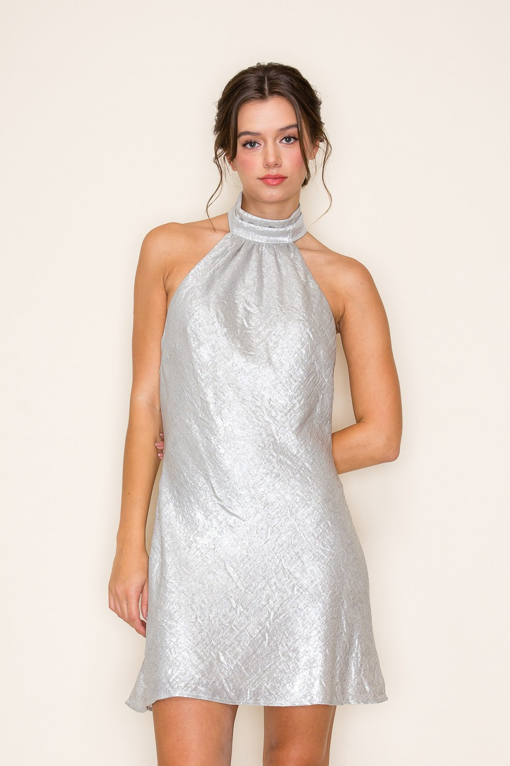 Silver Metallic Halter Neck Mini Dress