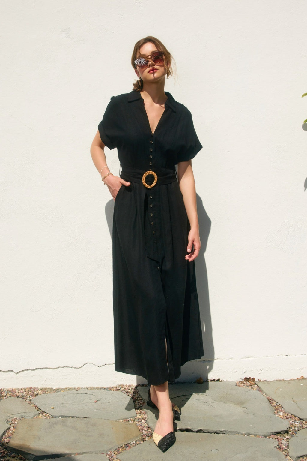 Black Short Sleeve Maxi Dress(belt included)