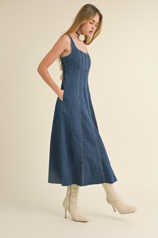 Denim Paneled Long Dress