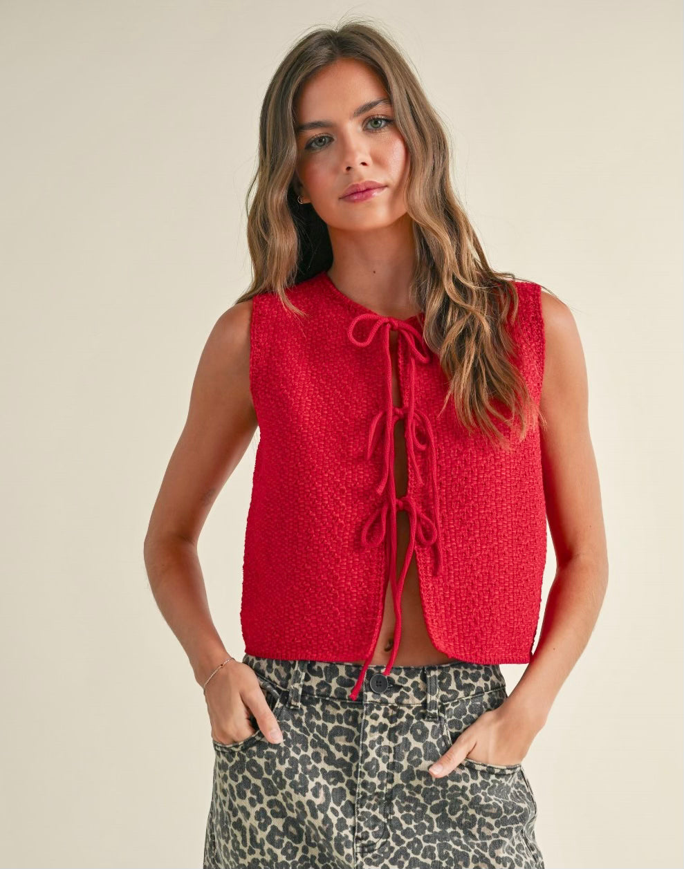 Red  Knitted Tie Front Cardigan