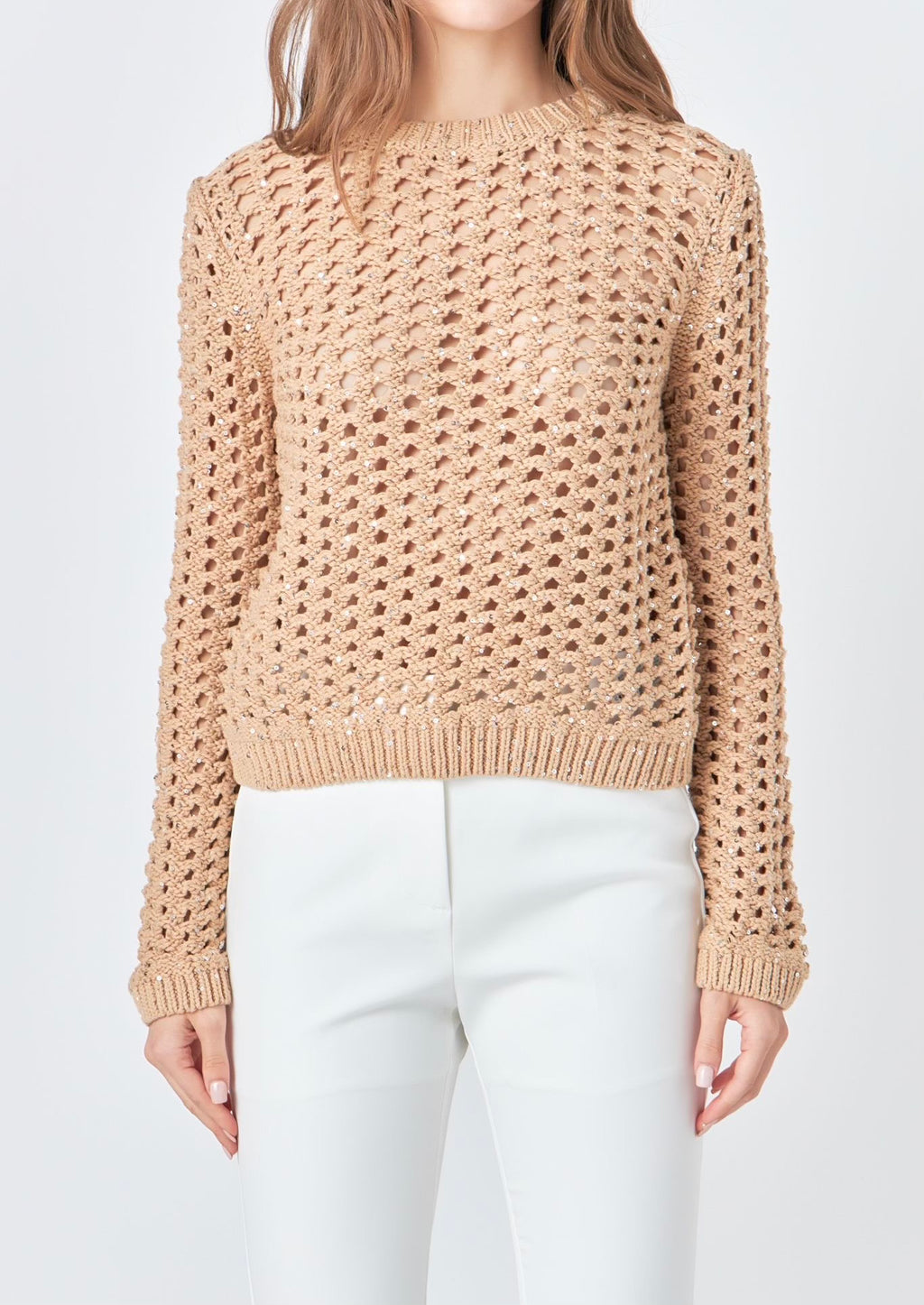 Beige Sequin Knit Sweater Top