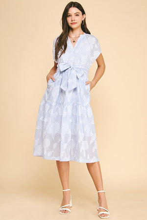 Light Blue Floral Embroidery Midi Dress
