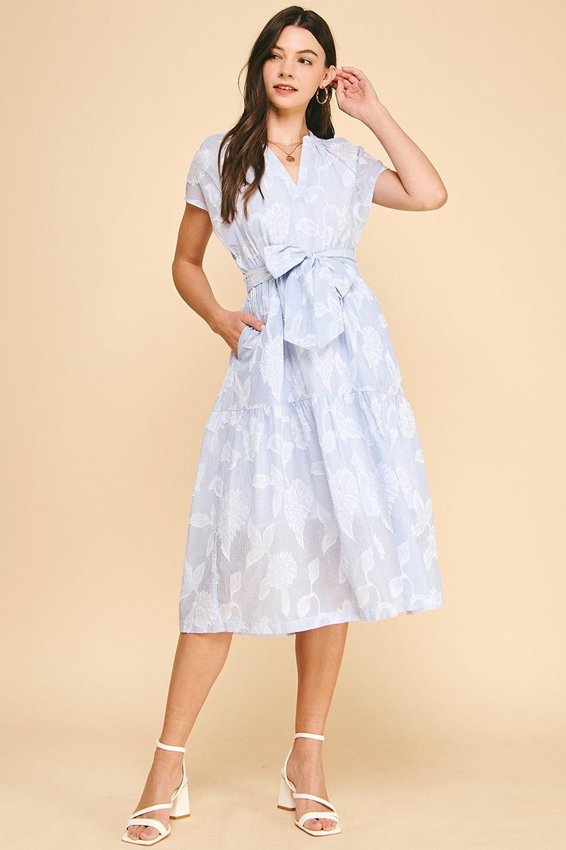 Light Blue Floral Embroidery Midi Dress