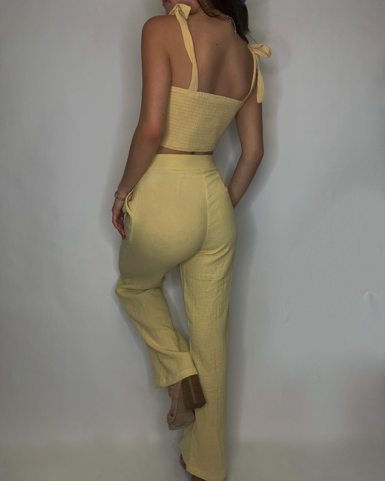 Yellow Crinkle Crop Top With Lounge Pants Set