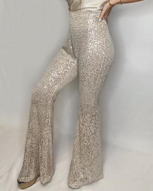 High Waisted Gold Sequin Flared Pants