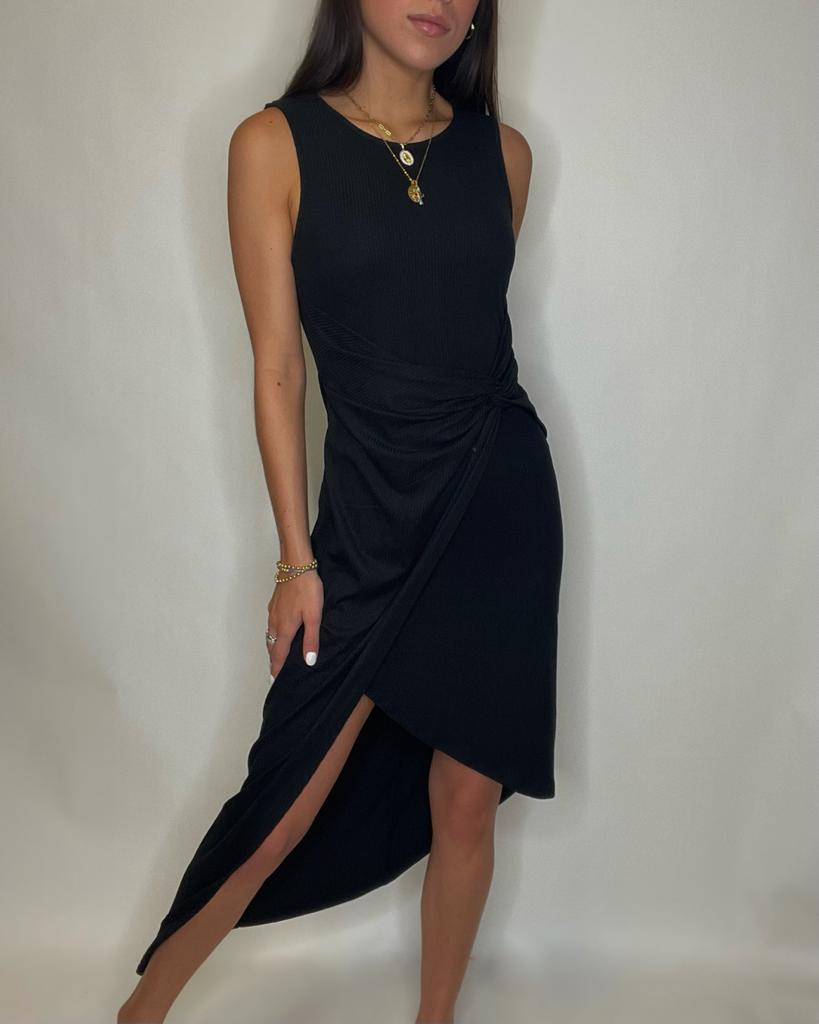 Black Twist Wrap Midi Dress