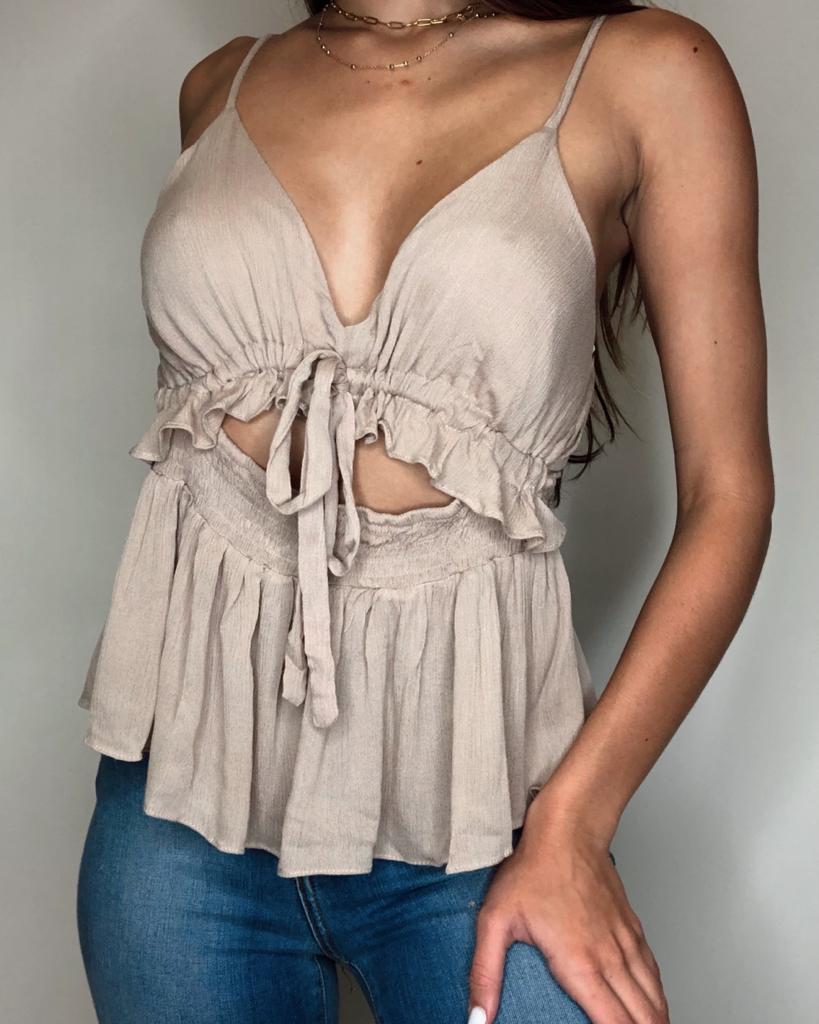 Taupe Front Tie Detailed Tank